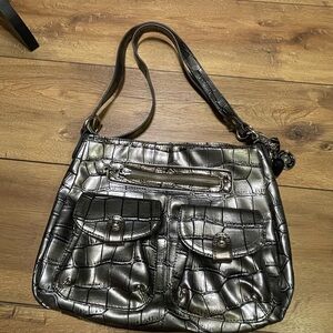 Kathy Van Zeeland Faux Croc silver Crossbody Bag Zip Closure Lots of Storage
